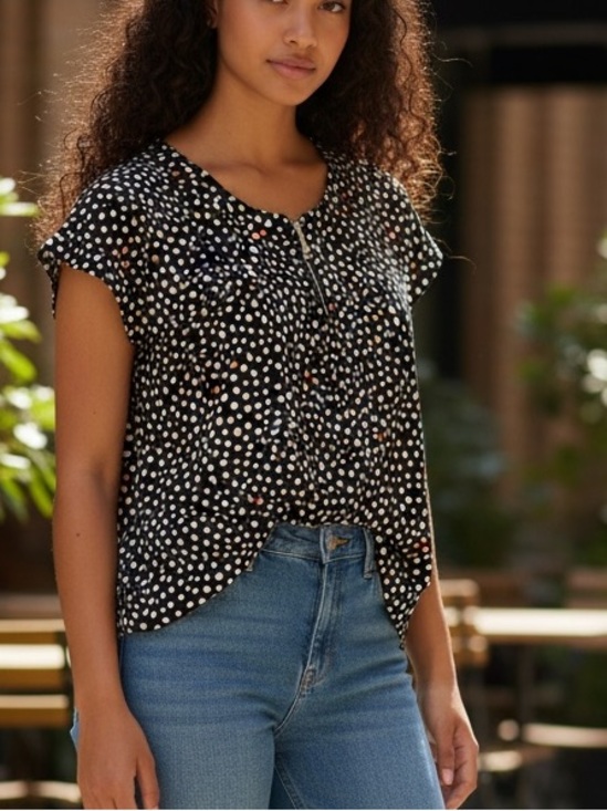 Lily Morgan Tops - Lily Morgan Black & White Polka Dot Top Zip Front Women’s M